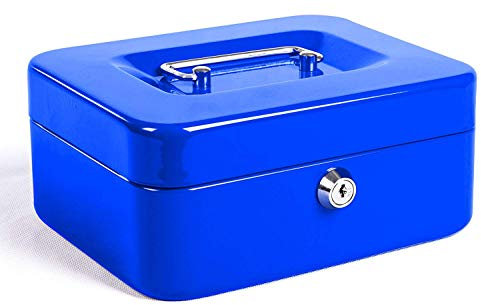 Caisse avec Serrure à clé, Tirelire portative en métal à Double Couche et 2 clés pour la sécurité 15 * 12.5 * 7.6cm(L, Bleu)