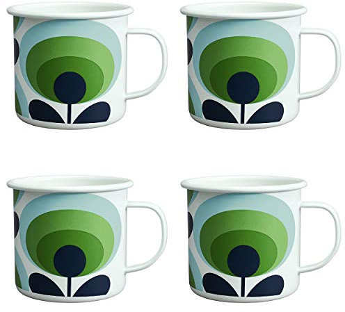 4 X Orla Kiely Enamel Mugs (500ml) - 70s Oval Flower Apple Green