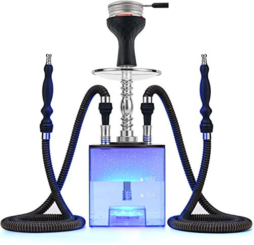 Hookah Set with Everything - Kitosun Updated Cube Modern Shisha include Vulcan HMD Silicone Phunnel Bowl Silk Pipe Coal Tongs Remote LED Light for Great Smoking | Easy Cleaning Easy Inhale (2-hoses)