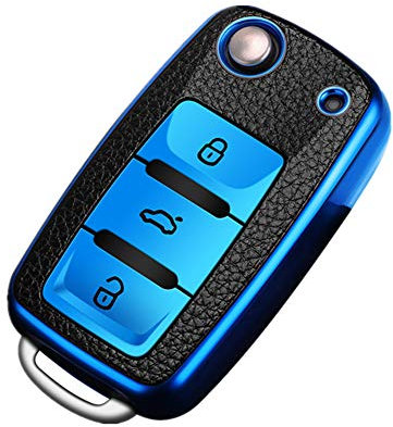 Happyit Étui de Housse de Clé de Voiture en TPU + Cuir Compatible avec Volkswagen VW Bora Beetle Tiguan Polo Passat B5 B6 MK5 6 Jetta EOS Seat Sagitar Golf 6 3 Boutons (Bleu)