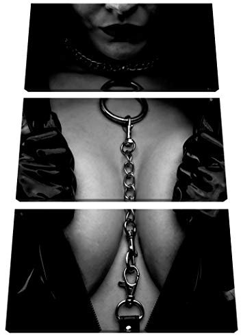 Pixxprint Strenge Domina rote Lippen mit Halsband, Monochrome, Leinwandbild 3 Teilig, Gesamtmaß: 120x80cm, Wandbild, Dekoration, fertig gespannt, Kein Poster