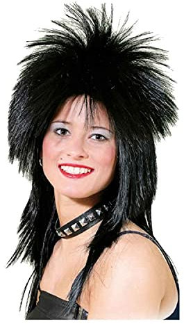 PAPSTAR NEU Perücke Damen 80er Punk Rock Diva, Hard Rock, schwarz - mit Haarnetz