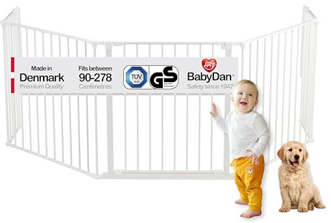 BabyDan Galten XL, 90-278 cm, Kaminzaun/Treppengitter/Raumteiler/Kaminumrandung, Weiß, Hergestellt in Dänemark - Kinderschutzgitter/Sicherheitsgitter (Haustiergitter/Hundegitter/Hundespielgehege)