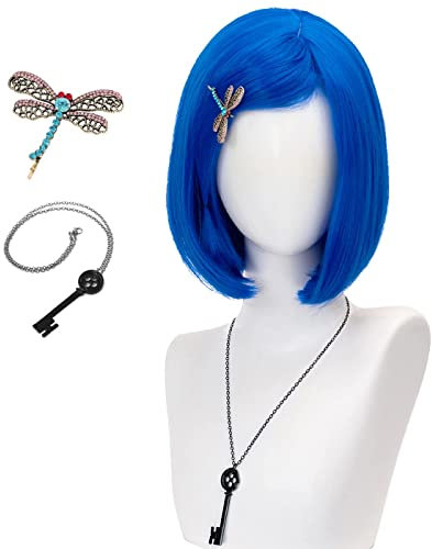 Coraline Perücke Licht Blau Perücken mit Pony für Mädchen Kurze Bob Perücke Cosplay Kostüm Halloween Party, Weihnachten, Karneval