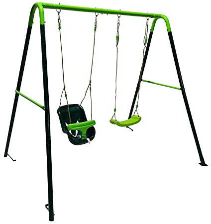 MASGAMES | Columpio metálico | Anclajes para Suelo de Arena o césped incluidos | Uso doméstico | (Olea Asientos Planos + Asiento bebé Extra)