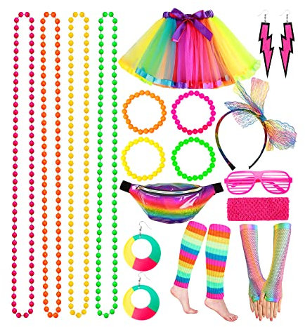Purpledi 80er Jahre Outfit Damen Accessoires Set, Kostüm Accessoires 80er, Damen Rock Neon Halskette Armband Ohrring Fingerlose Handschuhe Stirnband Bauchtasche, Kinder Jahre Outfit Damen Party