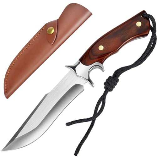 Astylway Couteau d'extérieur lame fixe D2 acier couteau de chasse manche en bois Bush Craft knife fourreau en cuir marron couteau de survie pointu hommes Camping randonnée aventure