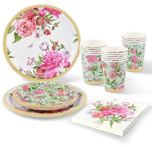 fanquare Vajilla Floral 124 piezas Vajilla Reciclable para Boda Aniversario Baby Shower 16 Invitados