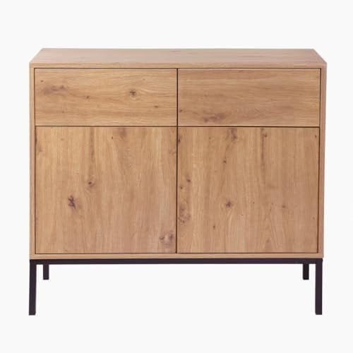 Calicosy- Commode 2 Portes 2 Tiroirs - Décor Chêne - Panneaux De Particules FSC - Piétement Métal - Ouverture À Pression - Armoire Chambre Ou Buffet Séjour - Design Moderne - L 90 x P 40 x H 80 cm