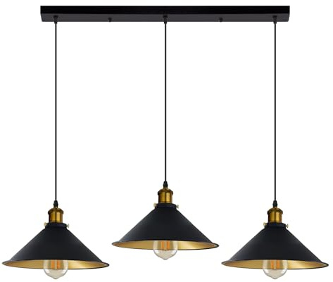 LEDSone 3-flammige Pendelleuchte, Vintage-Metall-Deckenleuchte in Kegelform, E27-Pendelleuchte für Wohnzimmer, Schlafzimmer, Esszimmer, Küche, Flur (Schwarzes Innengold)