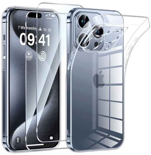 Phoona Handyhülle für iPhone 15 Pro Hülle mit 2 Stück Panzerfolie,Dünne Weiche TPU Silikon Transparent Stoßfest Schutzhülle für iPhone 15 Pro Hülle Klar Kratzfest