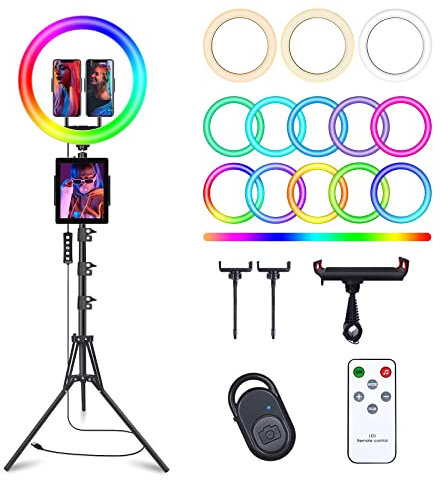 Herrfilk 13 Ring Light with Tripod Stand & Phone Holder, LED Ring Light for Phone with 3 Light Color Temperatures, 12 Brightnesses, 48 RGB Light Modes, Ringlight for Selfie, YouTube, Tik Tok