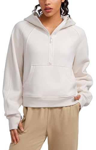 CRZ YOGA Felpe con Cappuccio a Mezza Zip da Donna Foderate in Pile con Fori per i Pollici Latte Bianco 44