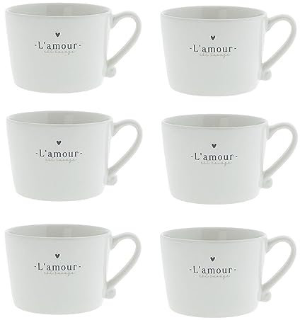 Bastion Collections 6er Set Tassen, Becher L'Amour mit Herz weiß für 300ml