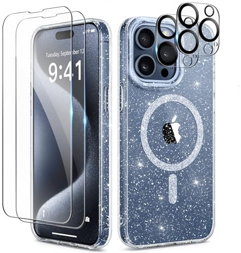 TIESZEN Compatible with iPhone 15 Pro Max Case Glitter Clear, [Compatible with Magsafe], with 2X Screen Protector + 2X Camera Lens Protector, Bling Shockproof Slim Phone Case 6.7 Inch, Shiny Clear