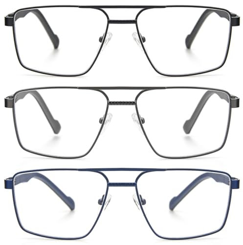 KoKoBin 3 Stück Metall Lesebrille Herren rechteckige Rahmen aus Edelstahl mit Federscharnieren Computer Lesebrillen Vintage Eyewear (3 Stück(Schwarz, Blau, Grau), 2.5)