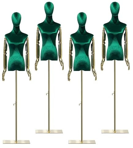 Kleiderschaufensterpuppe verstellbar, 4 Stück, weibliche Schneiderpuppe, Samt-Schaufensterpuppenkörper mit vergoldeter Armlehne mit Metallständer, abnehmbare Schneiderpuppe zum Nähen von Kleidung, Sch