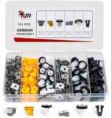 T&M TECHNICS® Box mit 154 Universalbefestigungen, Klammern, Clips und Kunststoffnieten für Deutsche Autos – Set für Türverkleidung Stoßstange Kühlergrill Motorhaube DIY Reparatur - German Pocket Box 3