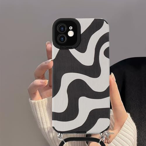 Lafunda Handykette kompatibel mit iPhone 12 Hülle, iPhone 12 Necklace Handyhülle mit Band - Wave Cute Zebra Stripes Muster Design Case mit Kette zum umhängen Schwarz