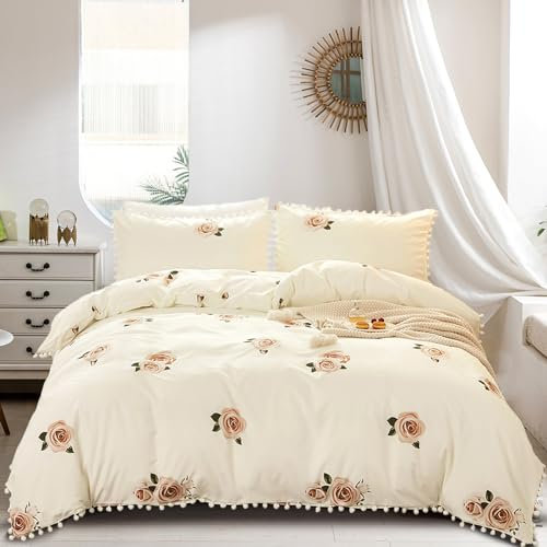Wotcsil Floral Botanical Double Size Duvet Cover Set White Beige Bedding Sets Tropical Leaves Duvet Sets Flower Print Soft Microfiber with Pillowcase, White, Roses
