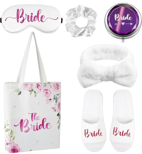 Hestya 6 Stück Braut Präsent Brautparty Geschenke Bride Geschenk für Braut Hausschuhe Weiße Haargummi Braut Tragetasche Seide Schlafmaske und Makeup Taschenspiegel für Hochzeit JGA Antrag Spa Party