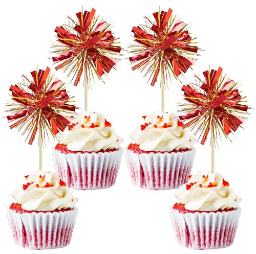 Gyufise 20Pcs Foil Firework Cupcake Toppers Sparkle Tinsel Cake Toppers Tinsel Drink Cake Decoration Cocktail Picks for Birthday Wedding Graduation Party Supplies Gold Red