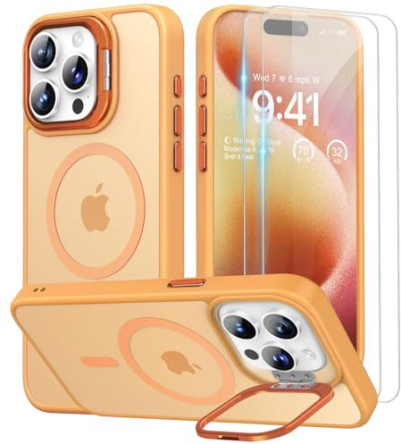 Beeasy for iPhone 15 Pro Case MagSafe Phone Case with 2 Screen Protectors and Stand, Military Shockproof Protective Slim Cover, Case for iPhone 15 Pro 6.1 Inch, Translucent Orange