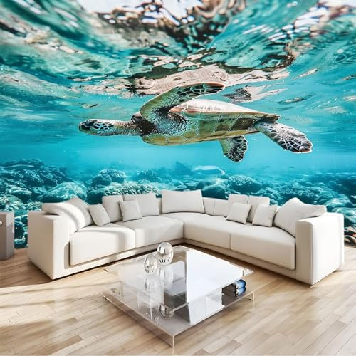 Papier Peint 3D Panoramique Tortue De Mer Océan Intissé Peinture Murale Décor Mural, Pour Salon Chambre Tv Fond Murale Décoration200 X 140 Cm