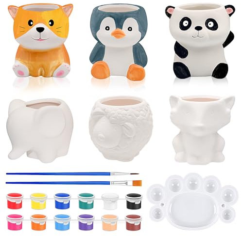 FALUCKYY 21 PCS Paint Your Own Ceramic Planters,6 Sets Paintable Animal Succulent Plant Pots with Drainage Hole,Ready to Paint Plant Pots,Cartoon Ceramic Flower Pot,Cute Animal Ceramics Planter
