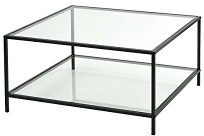 39F FURNITURE DREAM Mesa de Centro Cuadrada de Cristal Templado con 2 estantes escandinavos, Vaso, Negro/Transparente, 80x80x42cm