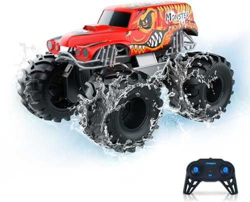 Carox Amphibienfahrzeug Ferngesteuertes Auto, 2.4 Ghz 1500mah RC, Wasserdicht Monstertruck Auto Car Pool Strand Spielzeug für Kinder ab 6 Jahre OX21RED