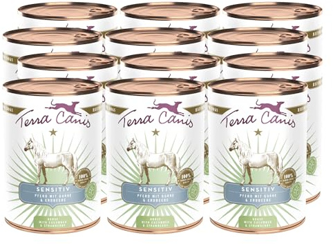 Terra Canis Pferd mit Gurke, Sensitiv Nassfutter für Hunde, 12x400g | 100% Lebensmittelqualität aller Rohstoffe, leicht verdaulich für sensible Hunde, allergenfrei und getreidearm