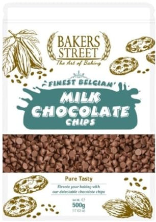 Bakers Street Milk Chocolate Chips 500g - Baking Chocolate Chips for Cakes, Muffins, Donuts, and Decorations - Smooth Melting, Versatile Use for Baking, Decorating, and Fountains