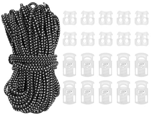 PATIKIL 16 Yard Elastic Bungee Cord & 10pcs Single Hole Cord Lock & 10pcs Double Hole Spring Toggle Stopper for Paracord Drawstring Shoelace Clothing Backpack Bags, Black/White