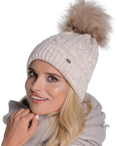 Alur Mütze Damen Beanie Wintermütze Strickmütze mit Bommel - Warme Elastisch Elegant Winter Mütze EKO Bommelmütze - Weiches Garn Stilvoll Universell Warm (Beige)