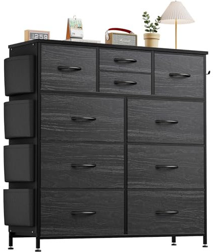 Buluri Tall Chest of Drawers Bedroom, 10 Fabric Drawers Dresser with Side Pockets and Hooks, Wooden Top and Metal Frame, Storage Drawers for Closet, Living room, Kids Room (Black Wood Grain)