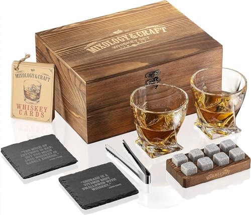 Whiskey Stones Gift Set for Men - Pack of 2, 10 oz Whiskey Glasses w/ 8 Granite Chilling Rocks, 2 Coasters, Metal Tong & Cocktail Cards in Wooden Box
