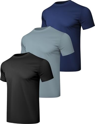 HovSiyla 3 Pack Running T Shirts Men Sport Tops Dry Fit Moisture Wicking Athletic Breathable Short Sleeve Workout Shirts Black Grey Navy XX-Large