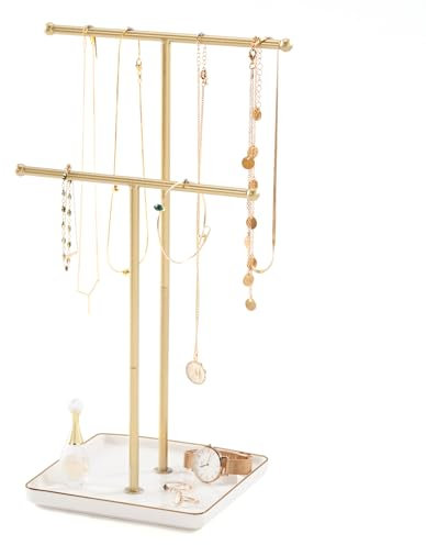 Lolalet Necklace Holder, Jewellery Display Stand with Ceramic Base Tray Jewellery Organizer Tree for Necklaces Bracelets Earrings Rings -White, 2 Tiers
