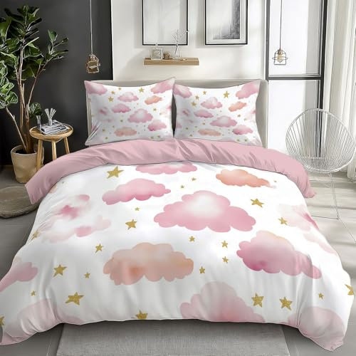 CozyRest Kinder Bettwäsche Set 100 x 135 cm, Aquarell-Sterne Wolken Bettbezug Set 2 Teilig, Weiche Microfaser Wende Pfirsich Bettwäsche mit Reißverschluss und 1 x 40x60cm Kissenbezüge