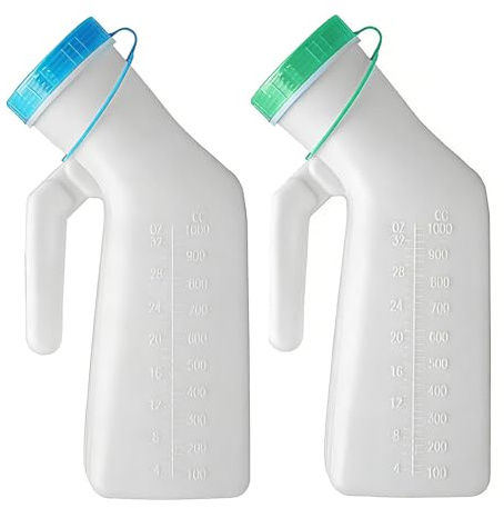 Male Urinal with Glow in The Dark Lid, 1000 ml Leak & Smell Proof Urine Bottles Male Spill Proof, Easy Grip Handle Urinal Bottle for Car, Hospital, Elderly & Incontinence (Blue + Green)