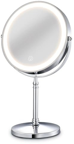 CCYENG Miroir de Maquillage sur Pied éclairé, grossissement x10, Chargement USB, Double Face, intensité Variable, Nickel (Argent)