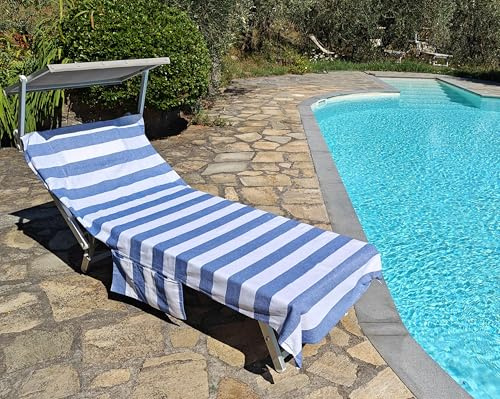 Vico Casa® Strandtuch für Sonnenliege VERSILIA 75x195cm aus Baumwolle, Streifendesign/Strandtuch mit Kissen, Taschen und Tragetasche/Blau und Weiß