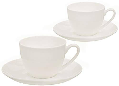 Buchensee Kaffeetassen, Teetassen Set aus Fine Bone China Porzellan. 2 Kaffeetassen je 210ml und 2 Unterteller in weiß
