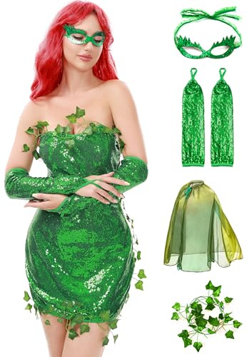 Funna Poison Costume Women Ivy Halloween Outfit 4 Piece with Eye Mask Gloves Cape Green, M