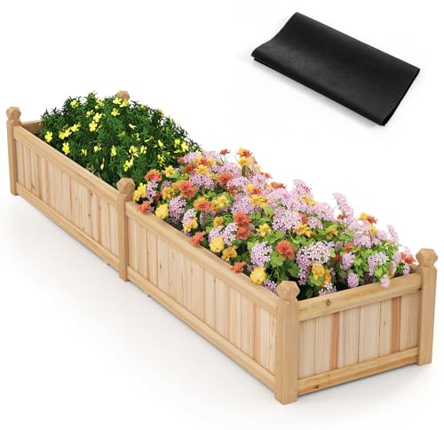 RELAX4LIFE Fioriera da Esterno, Orto Rialzato da Esterno con Divisore, Sistema di Drenaggio, Fodera in Tessuto Non Tessuto, Fioriera Legno per Verdure, Fiori, per Balcone, 227x59,5x40cm (Naturale)
