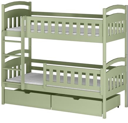 Kids Collective Hochbett 90x200cm Etagenbett mit 2 Matratze und Schubladen Lattenrost Rausfallschutz umbaubar in 2 Einzelbetten aus Vollholz massiv in Olivgrün Funktionsbett von 4. bis 18. Lebensjahr