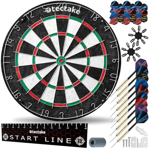 tectake® Dartscheibe, Dartset Profi Steel Dartscheibe und 9X Dartpfeile, 21x Flights und Dartzubehör für Steeldart, Steeldartscheibe, Dartspiel, Dart, Dartsscheibe