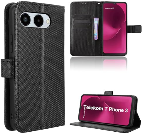 Rojeuinn Hülle für Telekom T Phone 3 Handyhülle-Hülle Stoßfest Case Cover-Handy Case in Premium Kohlefaser [Klappbar Flip] [Standfunktion Tasche] -Schwarz