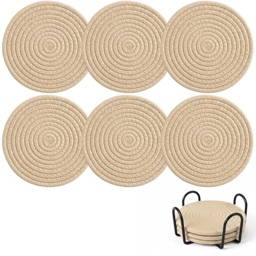 Glasuntersetzer, Untersetzer Gläser, 6 Stück Tassenuntersetzer mit Halter, Durchmesser 11 cm, Glas Untersetzer-Set für Tischdekoration, rutschfest Tischuntersetzer Geflochtenes Baumwolle für Getränke